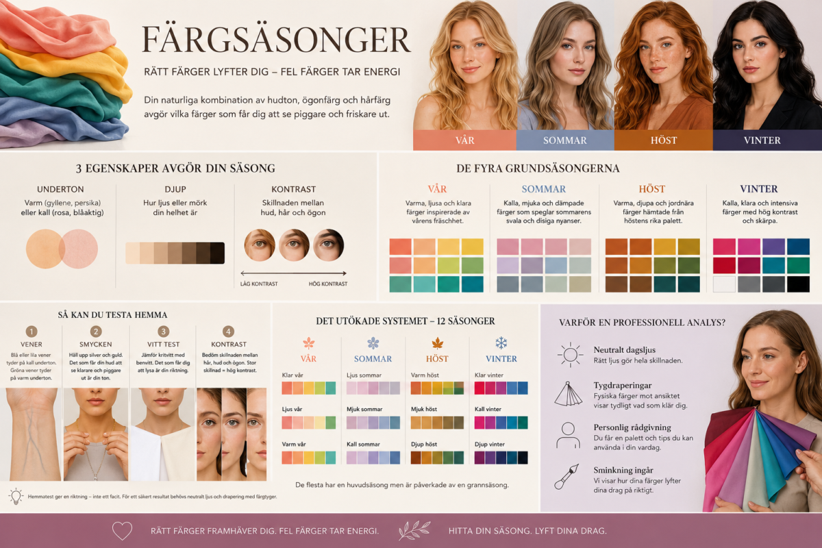 Infografik som visar de fyra färgsäsongerna vår, sommar, höst och vinter med färgpaletter, underton, kontrast och tips för färganalys hemma.